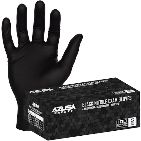 Azusa Safety 4-mil Powder-Free Black Nitrile Exam Gloves, Textured Fingertips, Small, 100 Pack ND4020